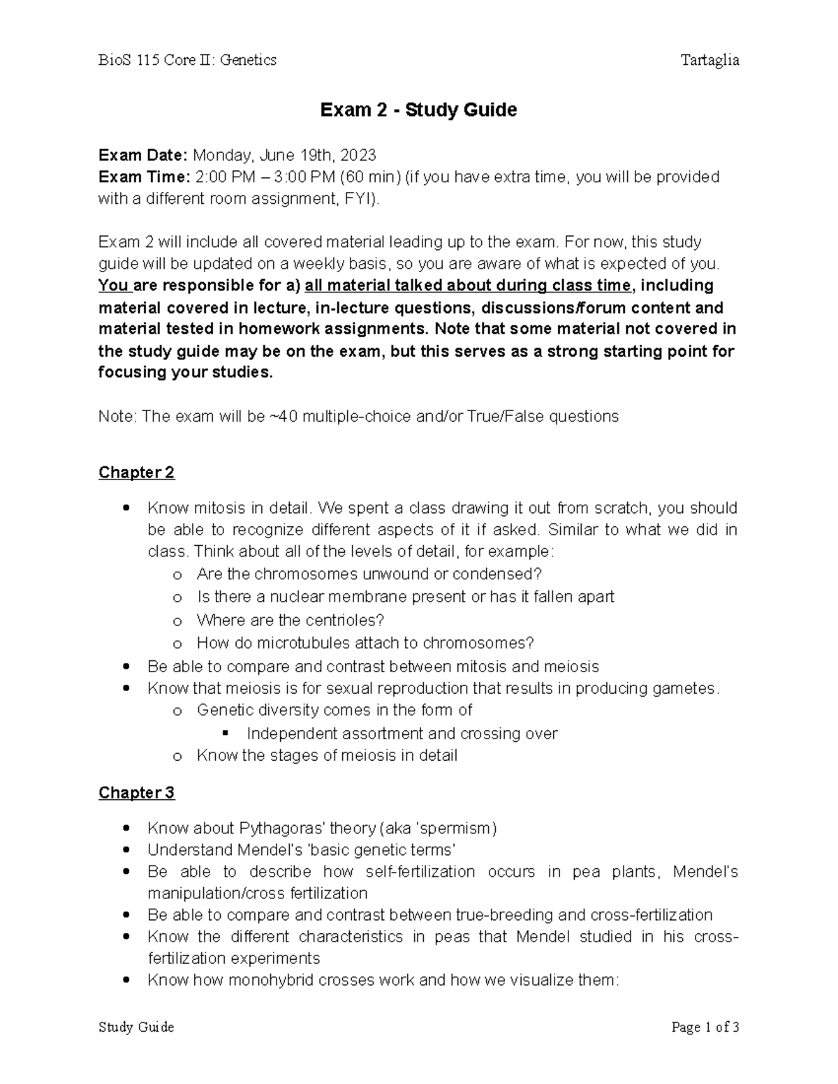 Bio S115 Study Guide Exam2 Summer 23 Updated 15Jun23 - BioS 115 Core II ...