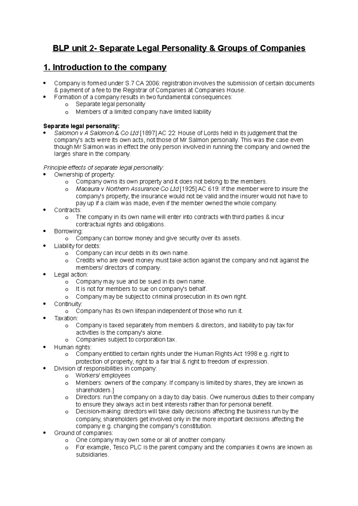 BLP unit 2- chapter 2 Business law - BLP unit 2- Separate Legal ...
