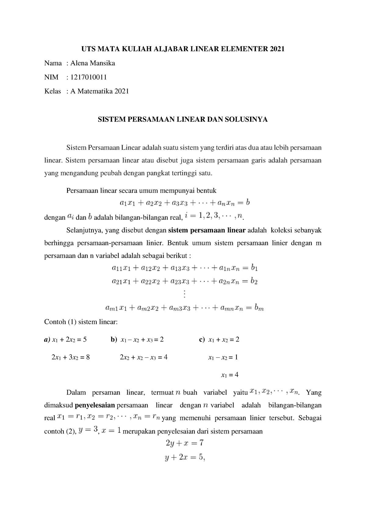 UTS MATA Kuliah Aljabar Linear Elementer 2021 - UTS MATA KULIAH ALJABAR ...