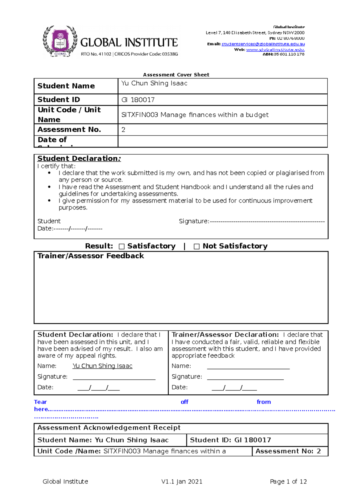 Sitxfin 003 Assessment Task 2 Global V1.1 Jan 2021 - Assessment Cover ...