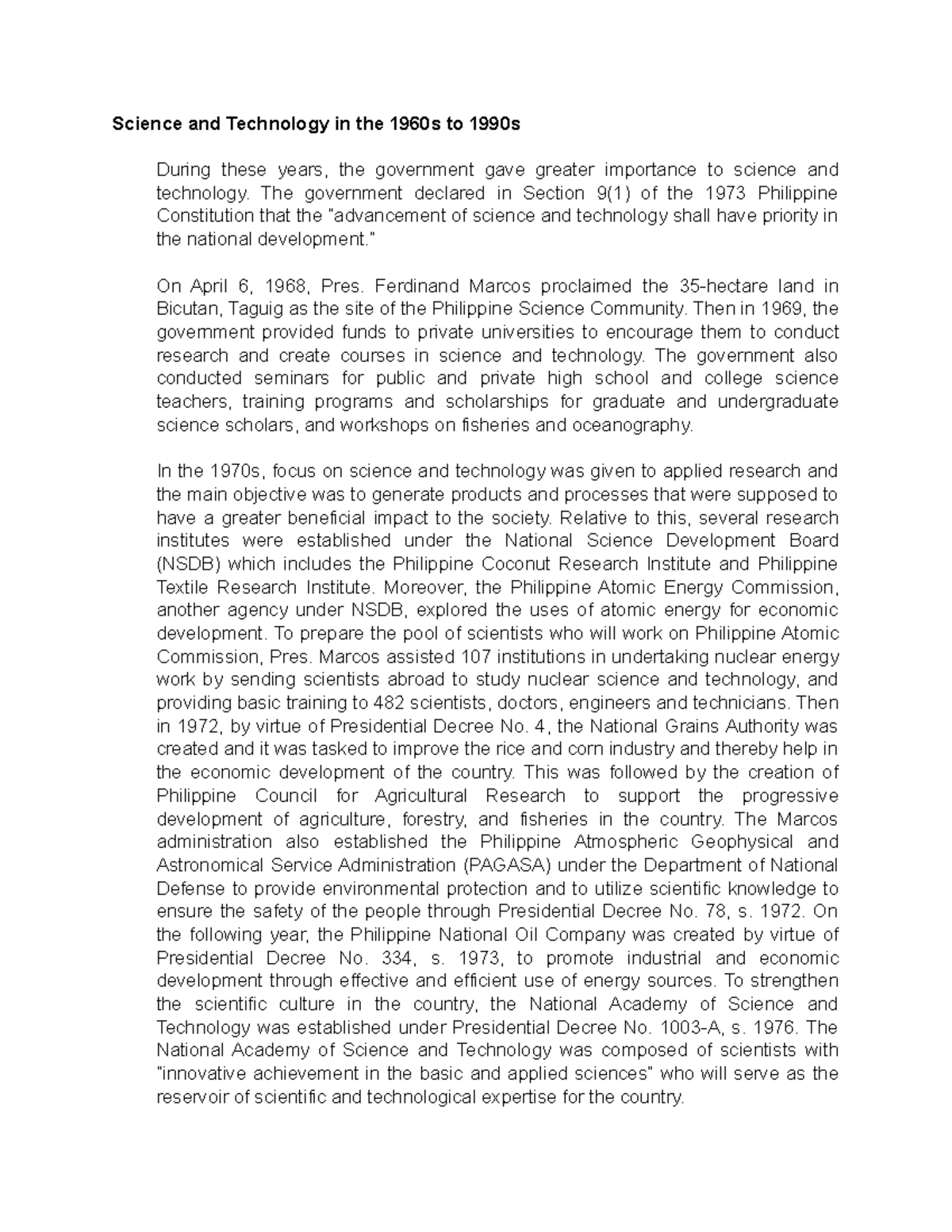 Science and Technology in the 1960s to 1990s Bachelor of Science in