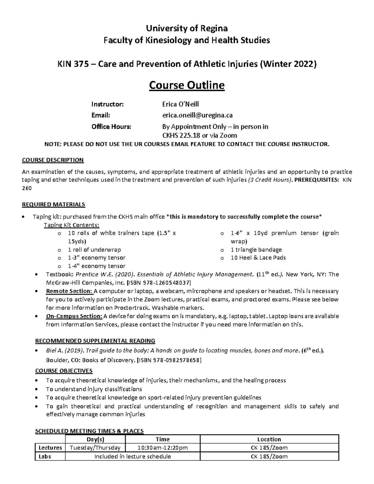 Course Outline Winter 2022 Taping Rubric in Lower OP ankle Kin 375