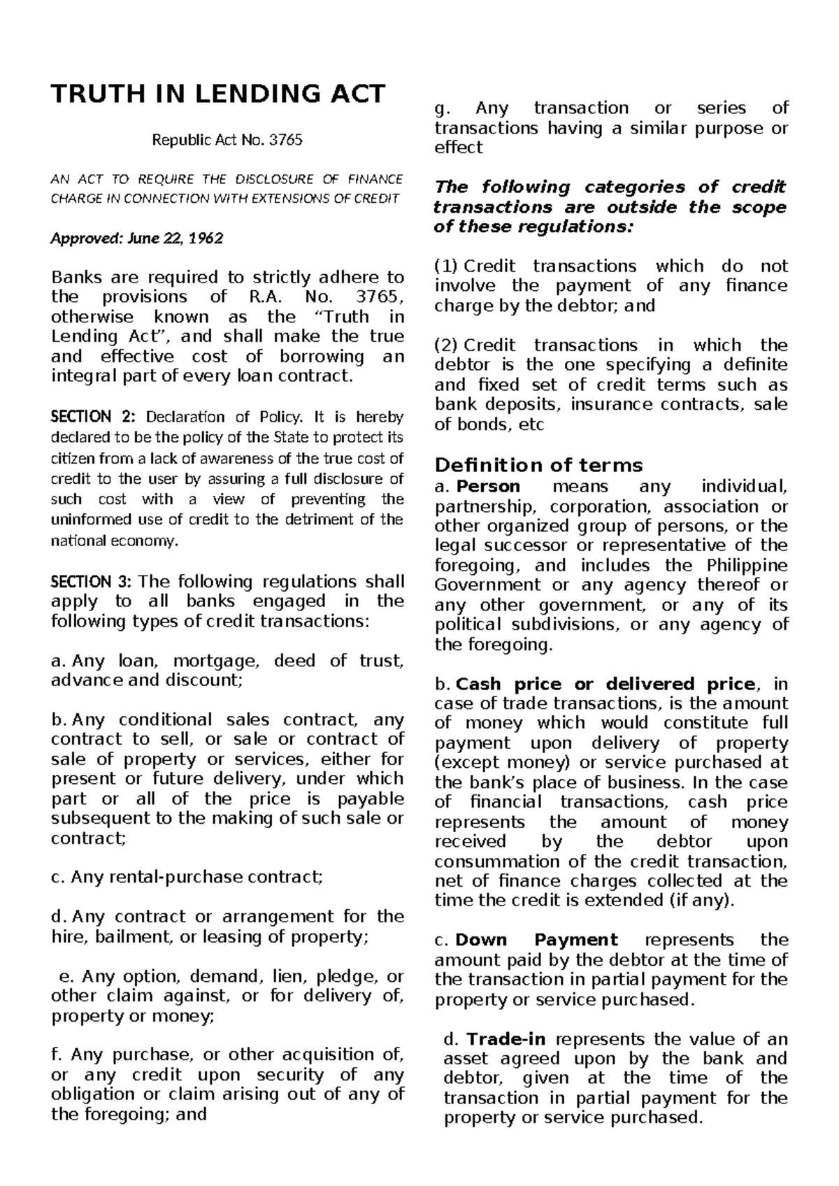 Truth IN Lending ACT - summary notes - TRUTH IN LENDING ACT Republic ...