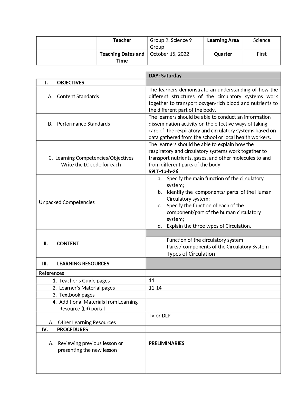 Detailed Lesson PLAN Pattern - Teacher Group 2, Science 9 Group ...