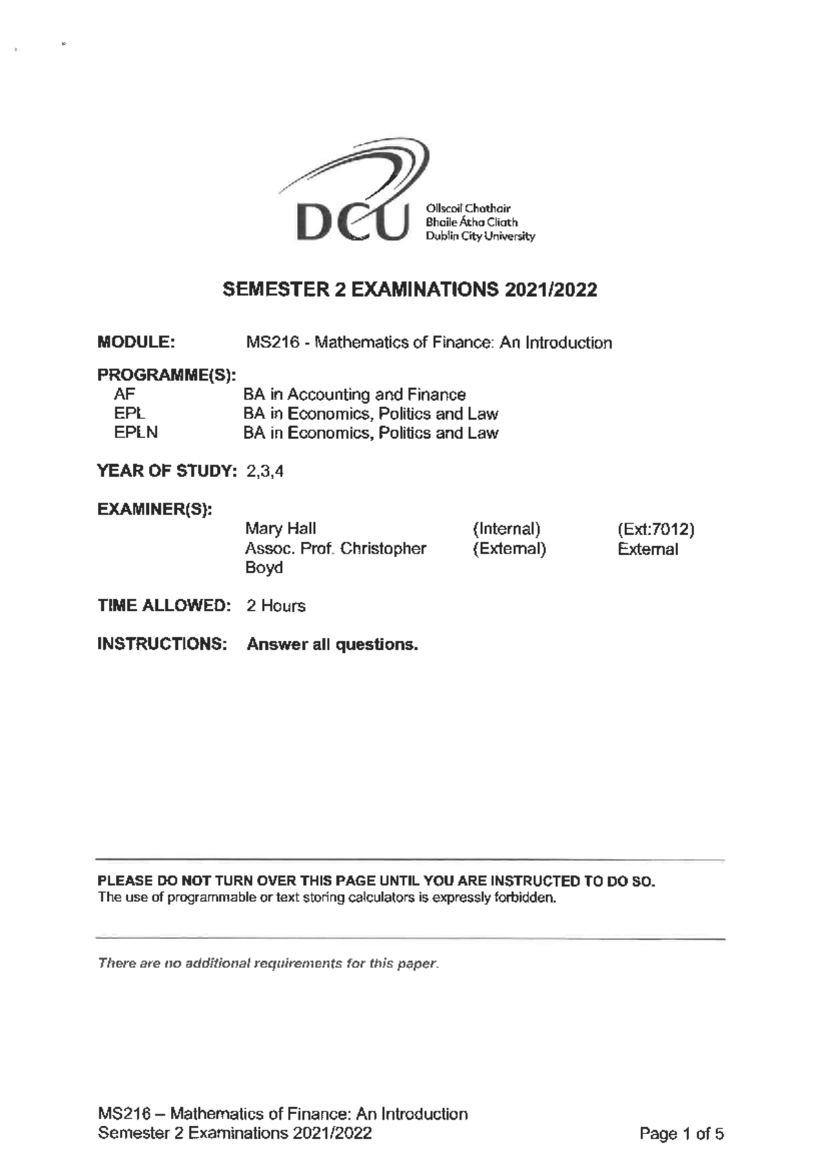 22 ms216 exam paper mathematics of finance an introduction studocu