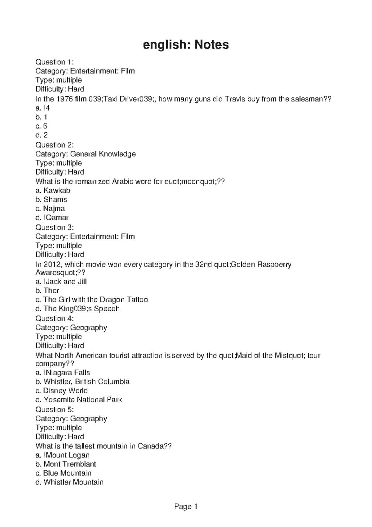 English lec notes 5 - english: Notes Question 1: Category ...