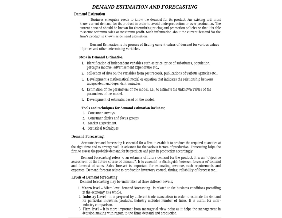 3in the method of this are the demand esimation and forecasting - Managerial economics - Studocu