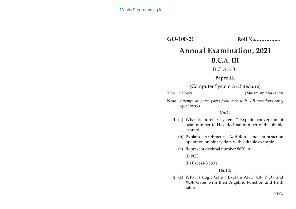 GO-100 BCA III OC - BCA, Question Paper Of 2023" COMPUTER SYSTEM ...