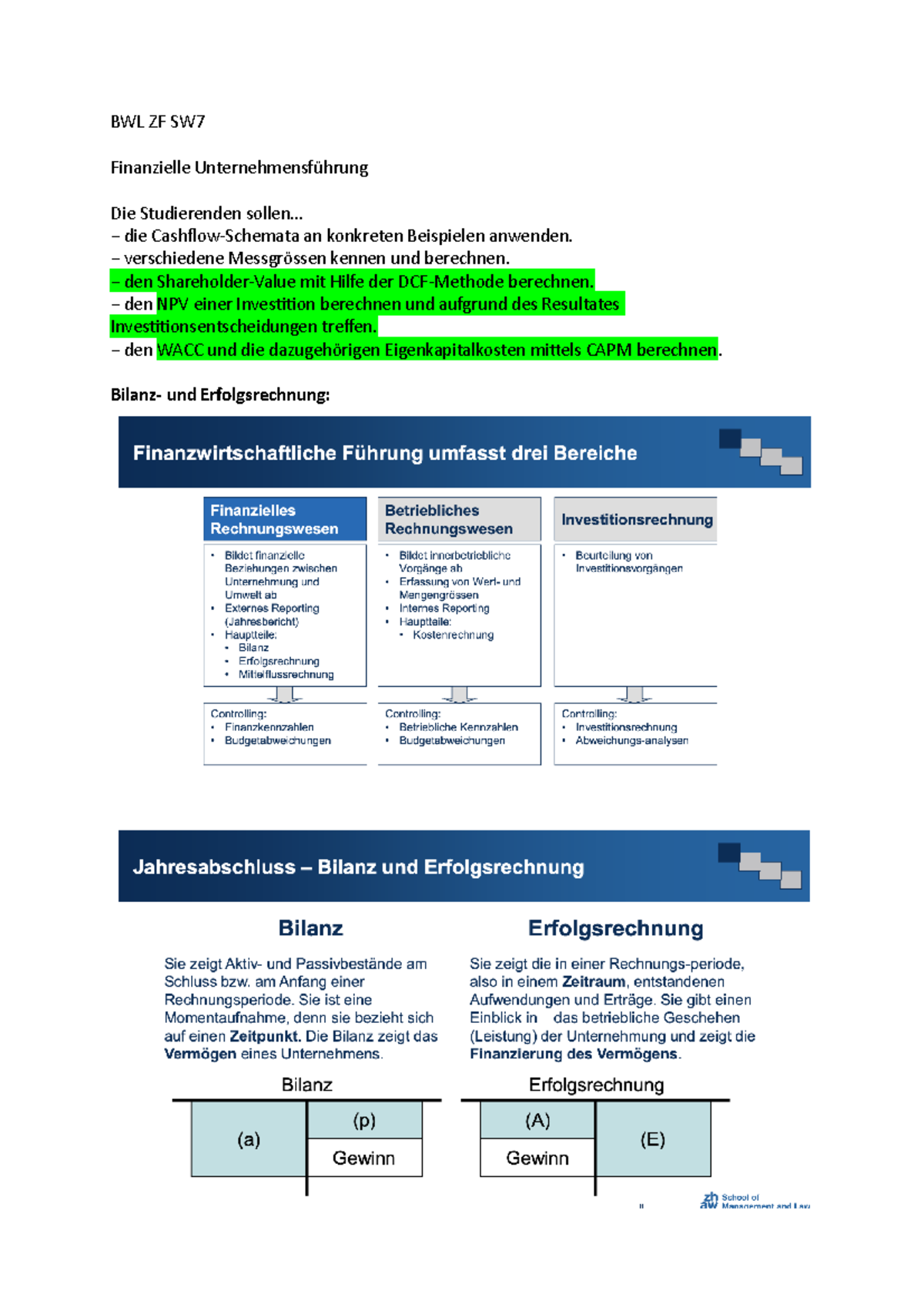 Betriebswirtschaftslehre ZF SW7 - BWL ZF SW Finanzielle Unternehmensführung Die Studierenden ...
