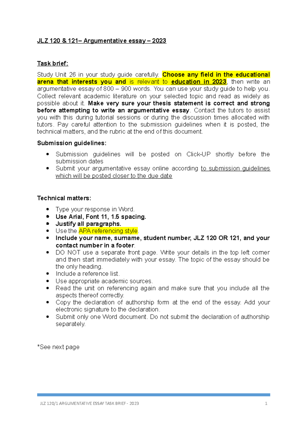 JLZArgumentative essay brief2023 JLZ 120 & 121 Argumentative essay 2023 Task brief Study