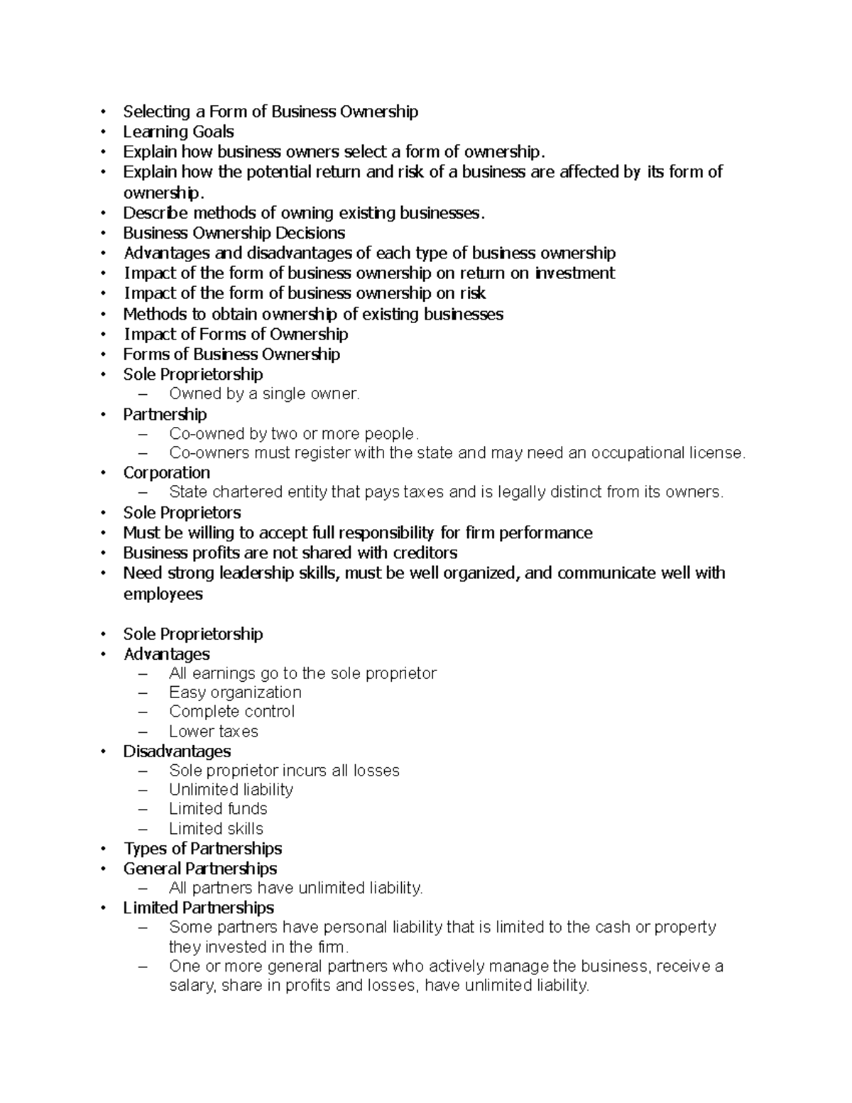 Selecting a Form of Business Ownership Selecting a Form of Business Ownership Learning Goals