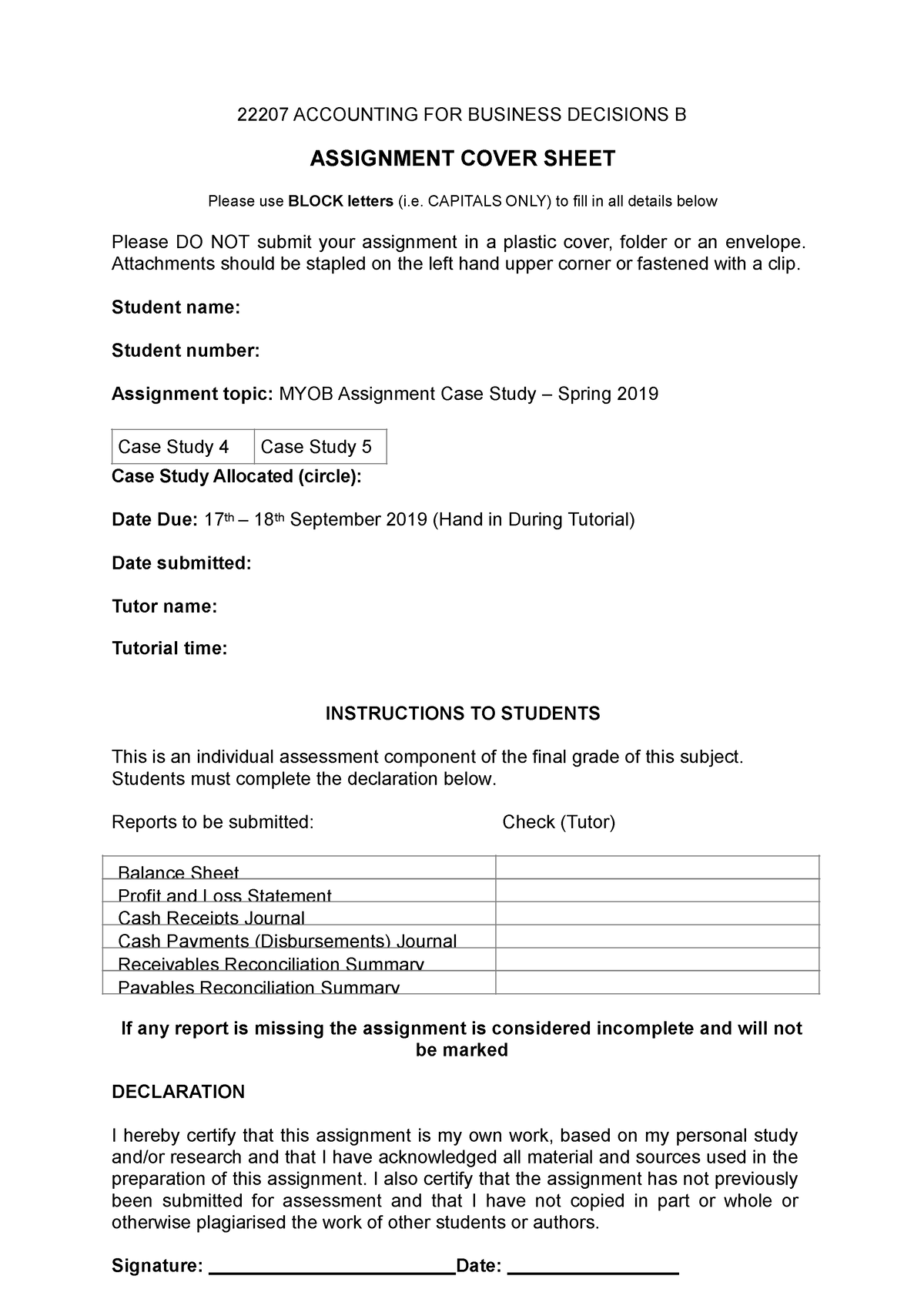 MYOB Assignment Cover Sheet Spring 2019 - 22207 ACCOUNTING FOR BUSINESS ...