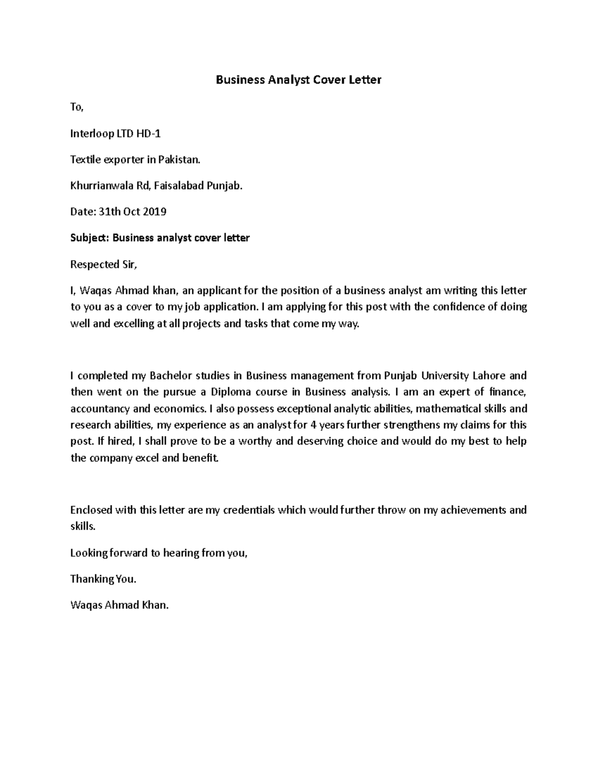 Business Analyst Cover Letter - Business Analyst Cover Letter To ...