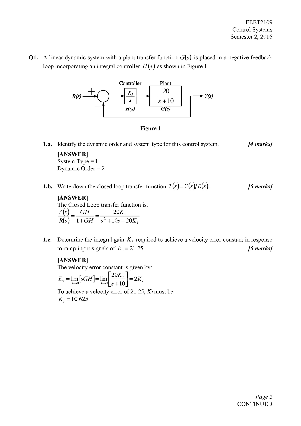 Exam 2016, questions and answers - Control Systems Semester 2, 2016 Q1 ...