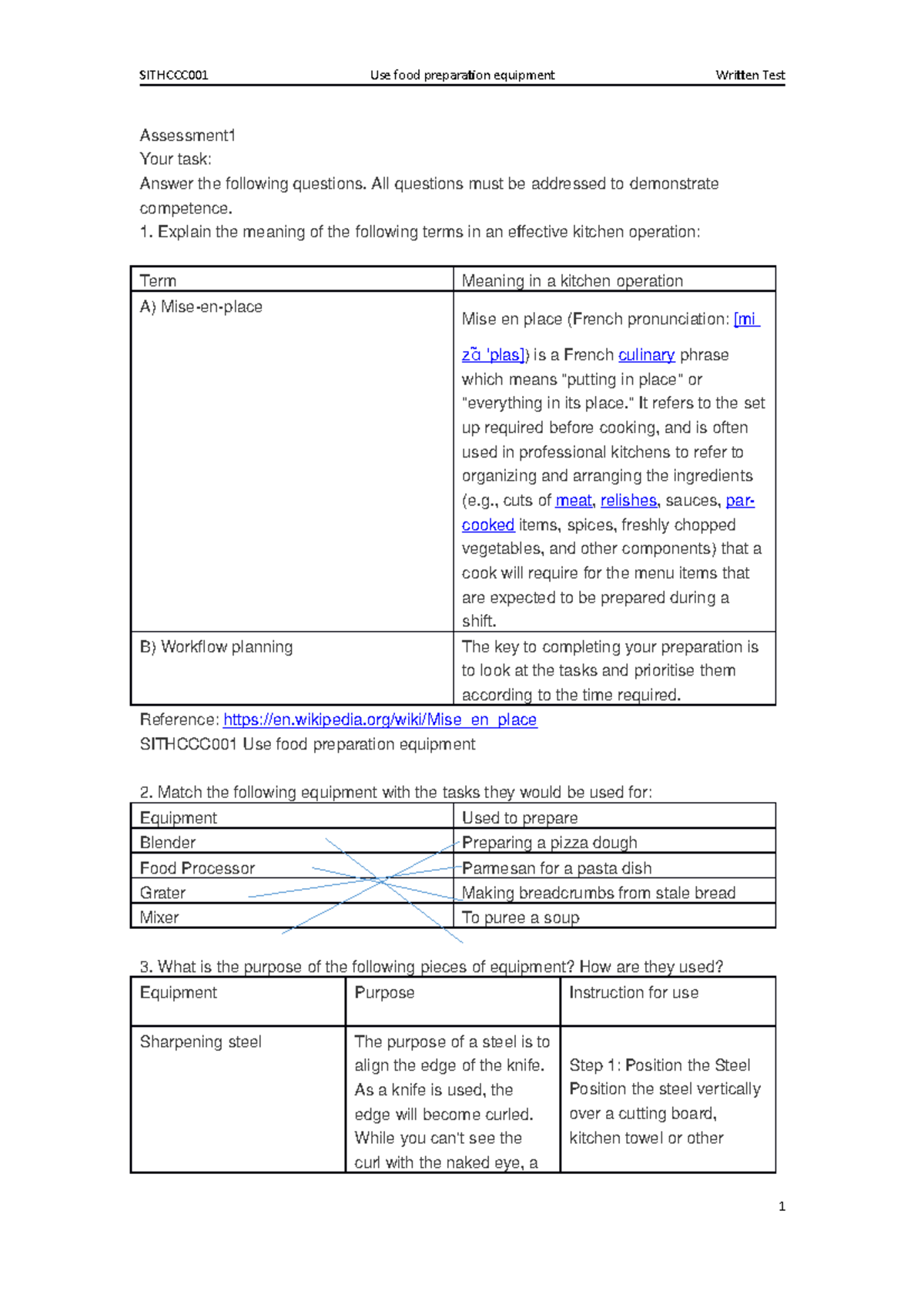 Sithccc 001 Use food preparation equipment Assessment Your task Answer the following