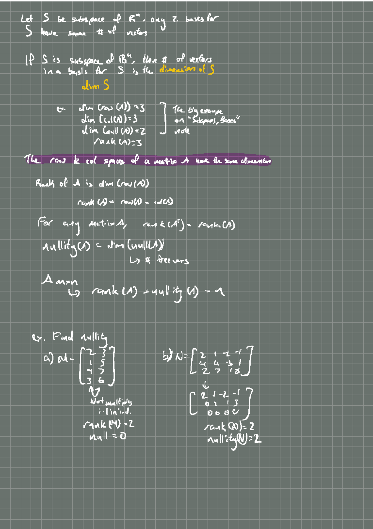 Dimension and Rank - handwritten notes - Let S be subspace of R any 2 ...