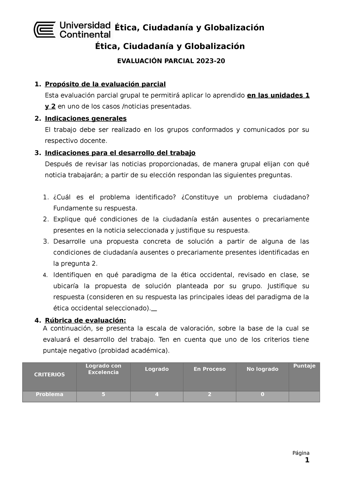 Evaluación Parcial 2023-20 (2) - EVALUACIÓN PARCIAL 2023- 1. Propósito ...