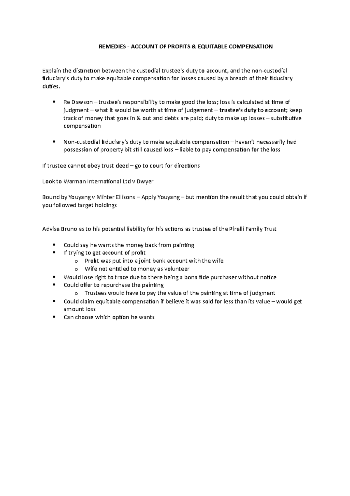 Remedies REMEDIES ACCOUNT OF PROFITS & EQUITABLE COMPENSATION