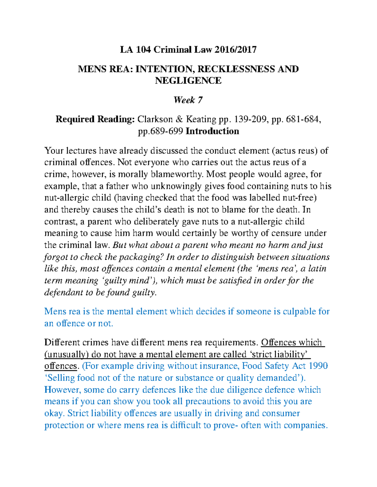 Mens Rea Lecture Notes - LA 104 Criminal Law 2016/ MENS REA: INTENTION ...