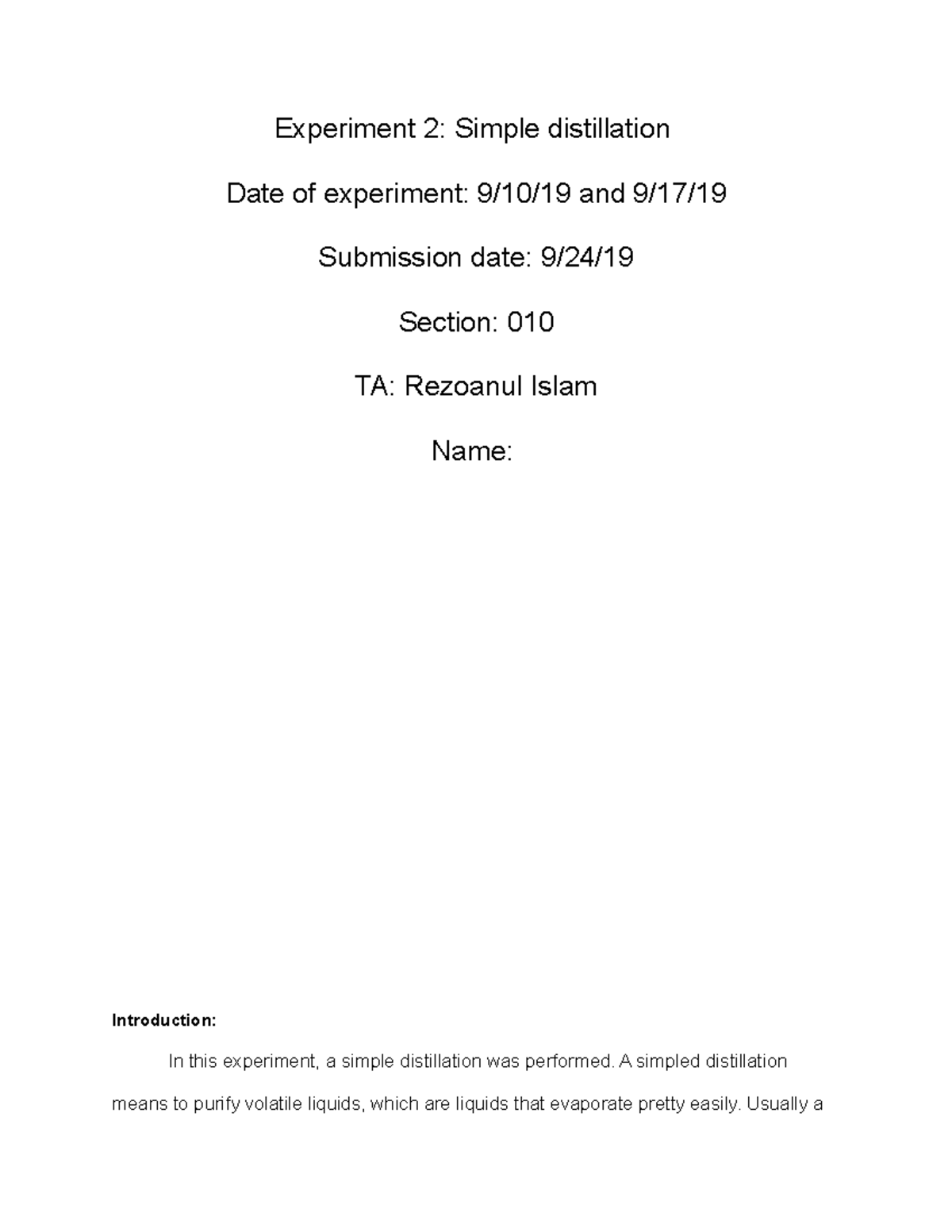 Experiment 2 Simple distillation - Experiment 2: Simple distillation ...