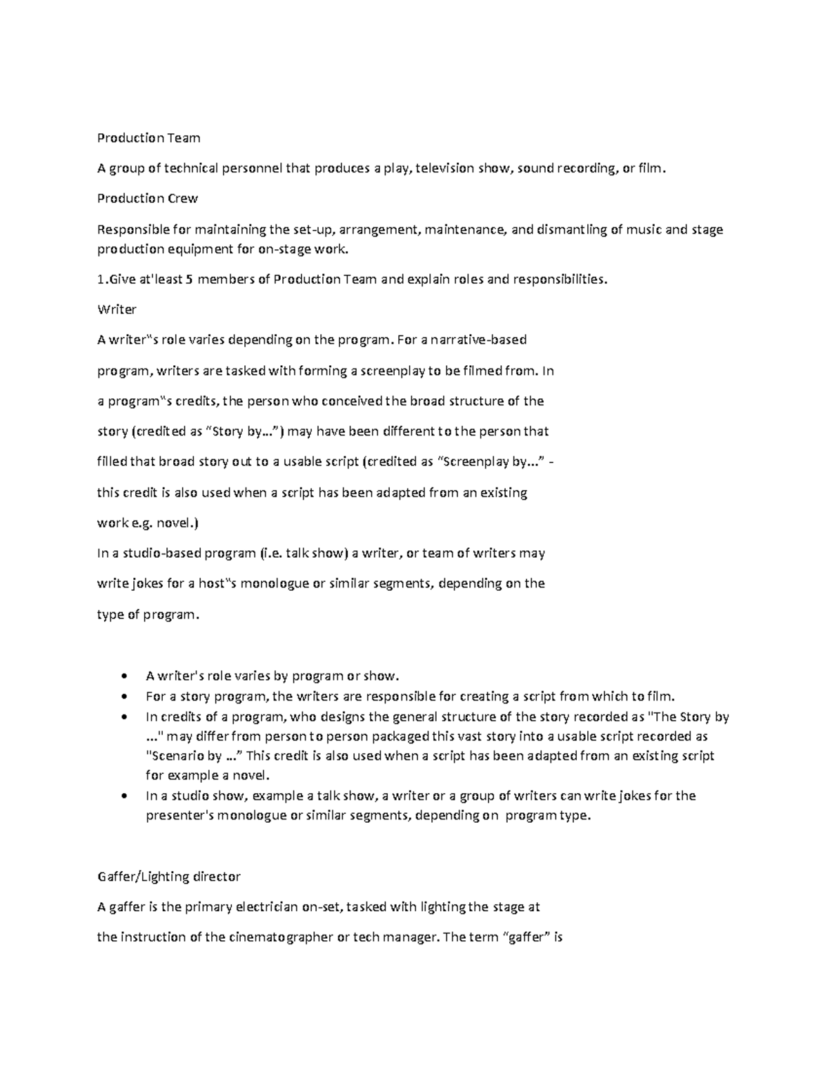 Television Production Roles - Fundamentals of Broadcasting - UE - Studocu