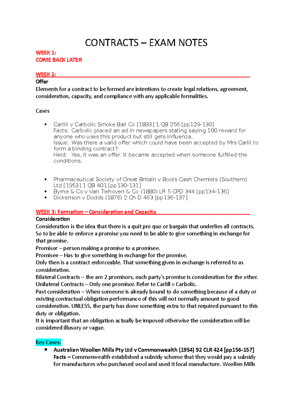 Contracts - Exam Notes - CONTRACTS – EXAM NOTES WEEK 1: COME BACK LATER ...