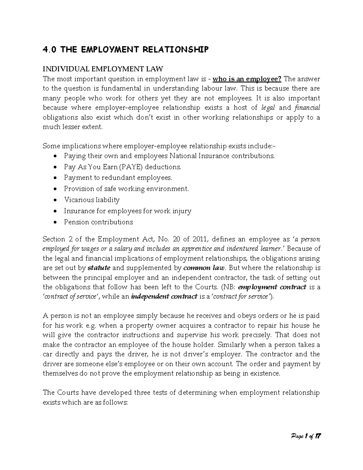 Topic 4-The Employment Relationship - 4 THE EMPLOYMENT RELATIONSHIP ...