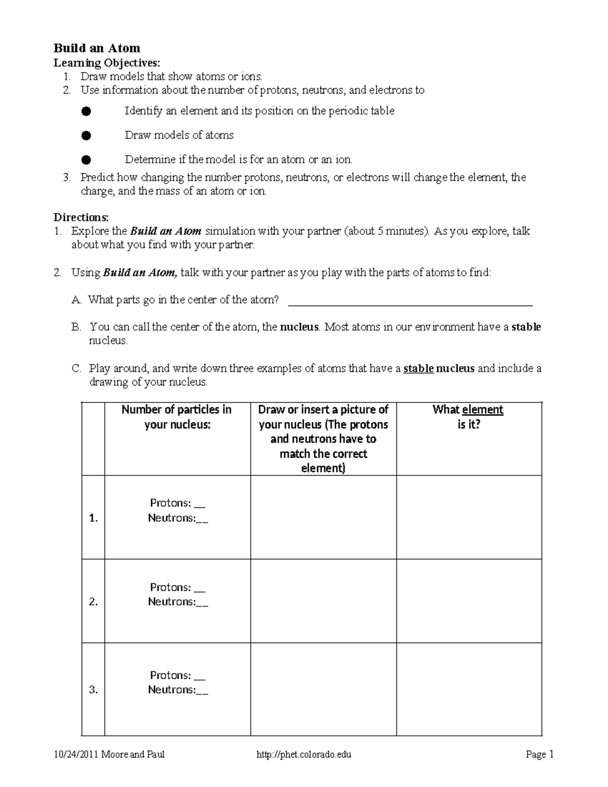 Build an Atom Lab - Build an Atom Learning Objectives: 1. Draw models ...