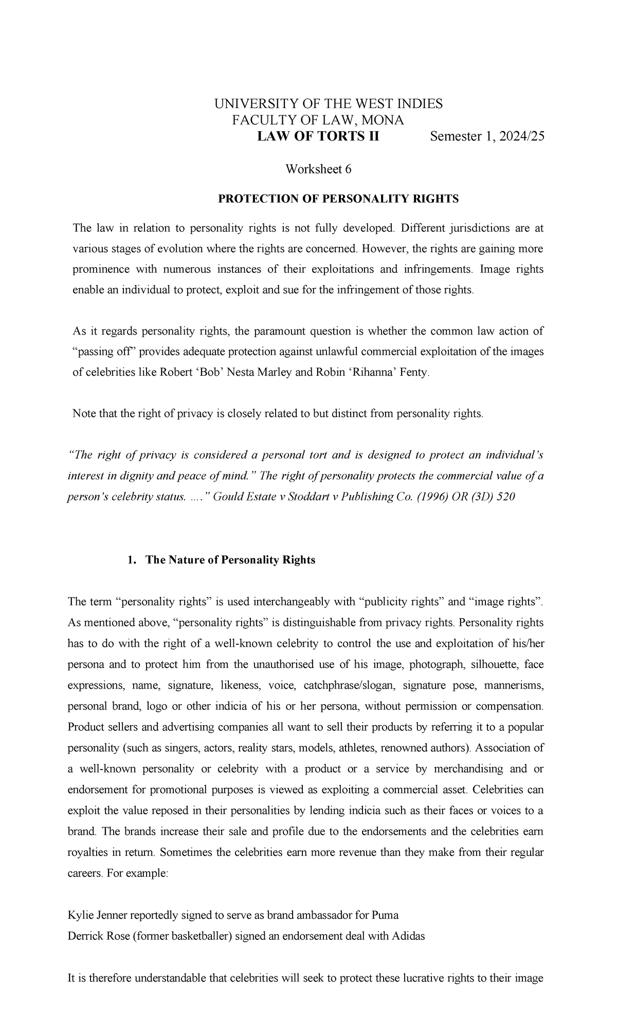 Law of Torts II- Worksheet 6-Protection of Personality Rights 2 ...