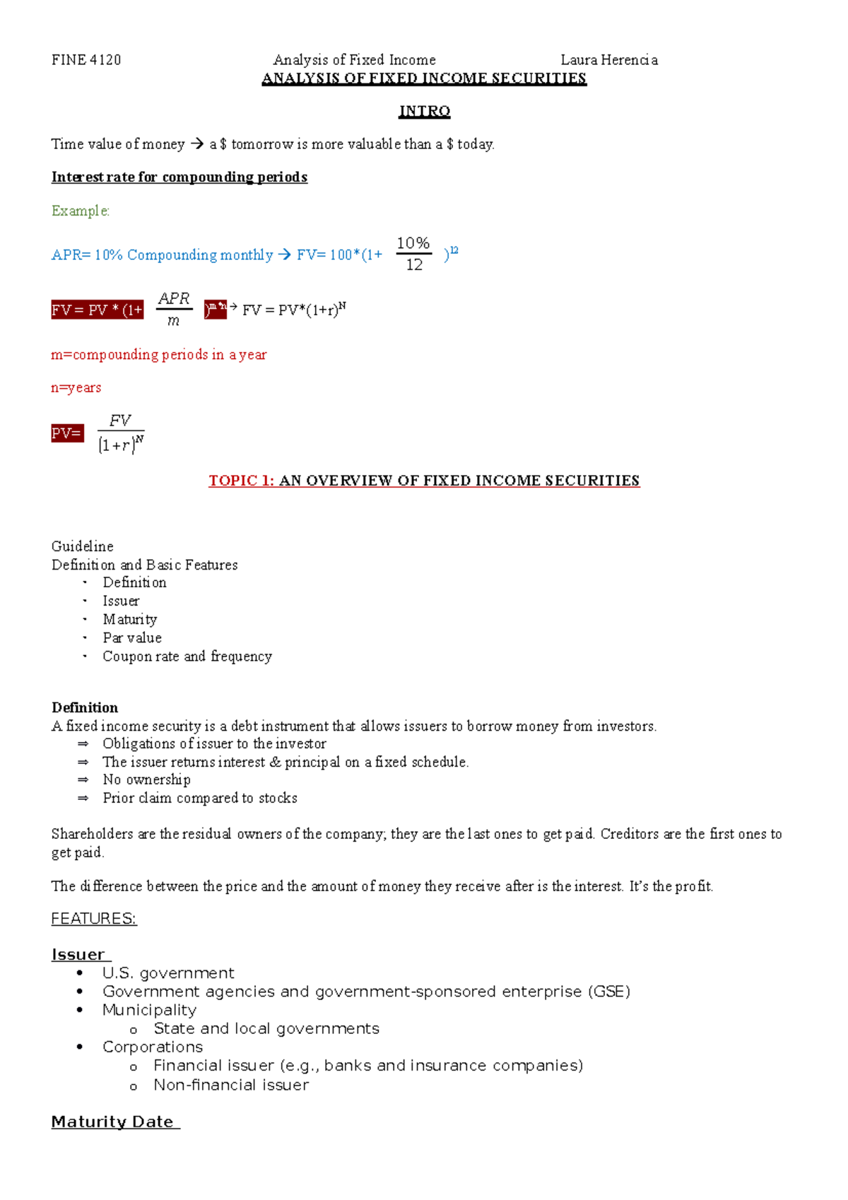 Topic 1- AN Overview OF Fixed Income Securities - FINE 4120 - Studocu