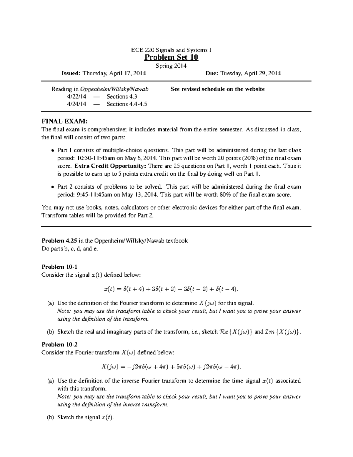 Problem Set 10 - 2014 - ECE 220 Signals and Systems I Problem Set 10 ...