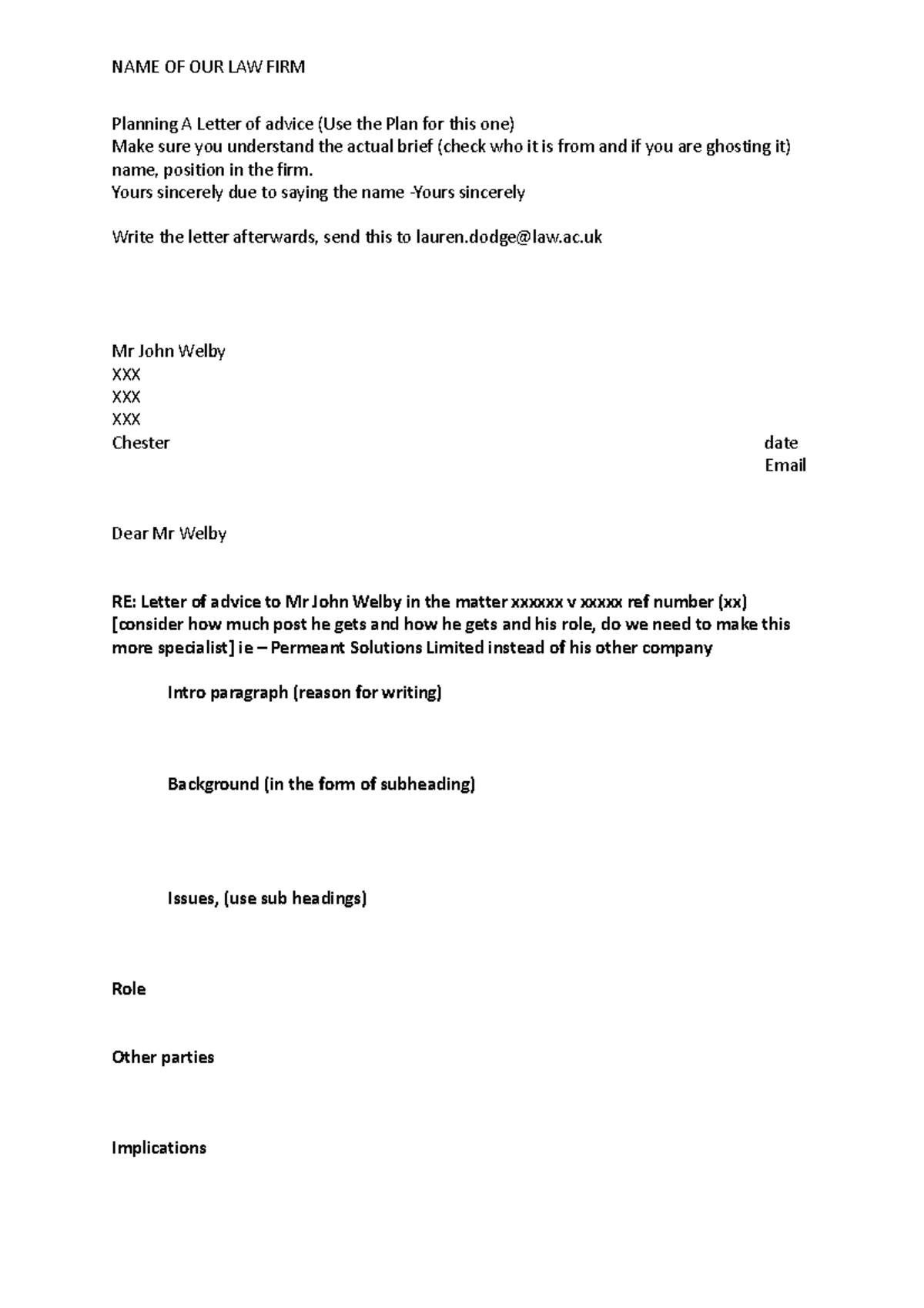 Planning A Letter Of Advice Ulaw - Name Of Our Law Firm Planning A 