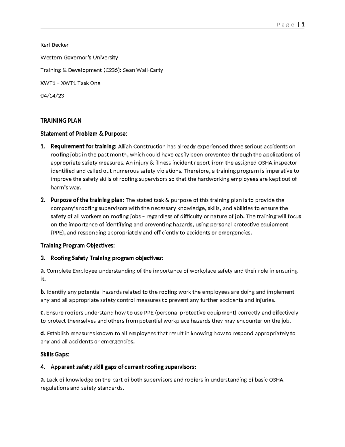 Training and Development - Task 1 - Karl Becker Western Governor’s ...