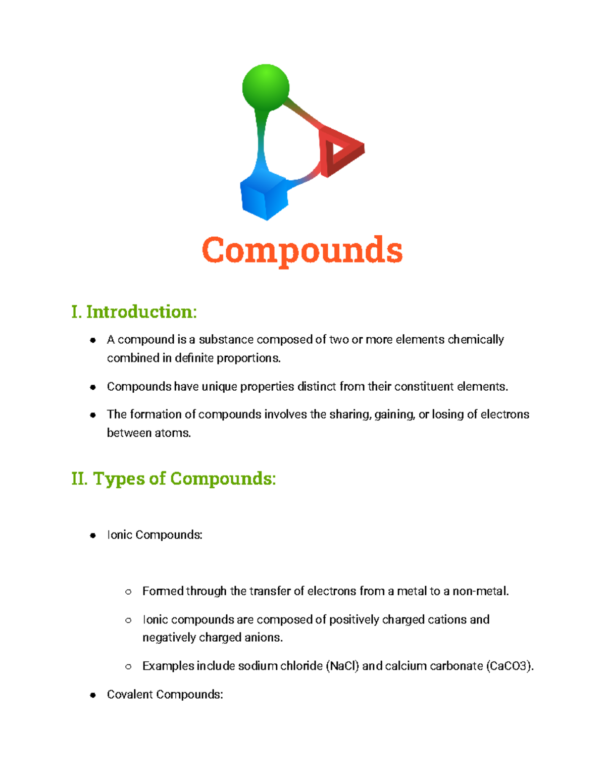 Chemisty - Compounds - Compounds I. Introduction: A compound is a ...
