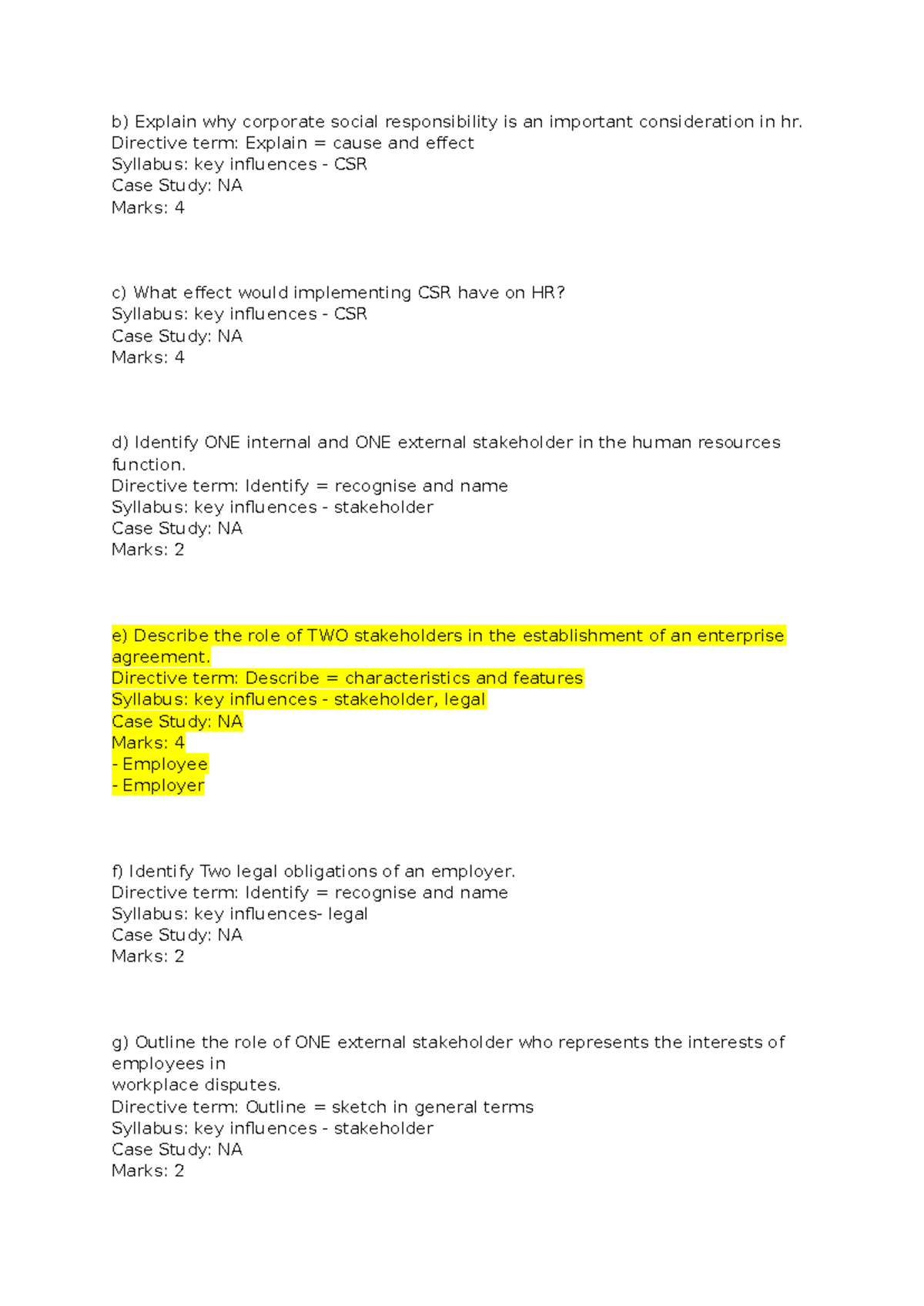 HR Practice Questions - b) Explain why corporate social responsibility ...