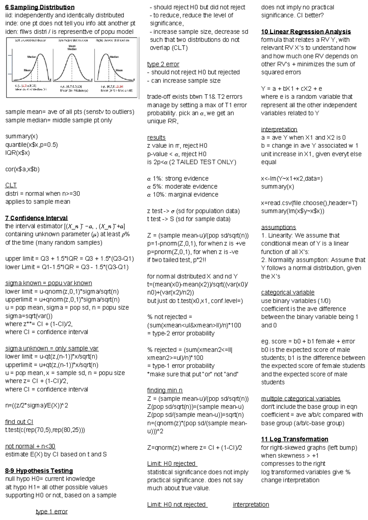 Stats Quiz 2 cheatsheet - 6 Sampling Distribution iid: independently ...