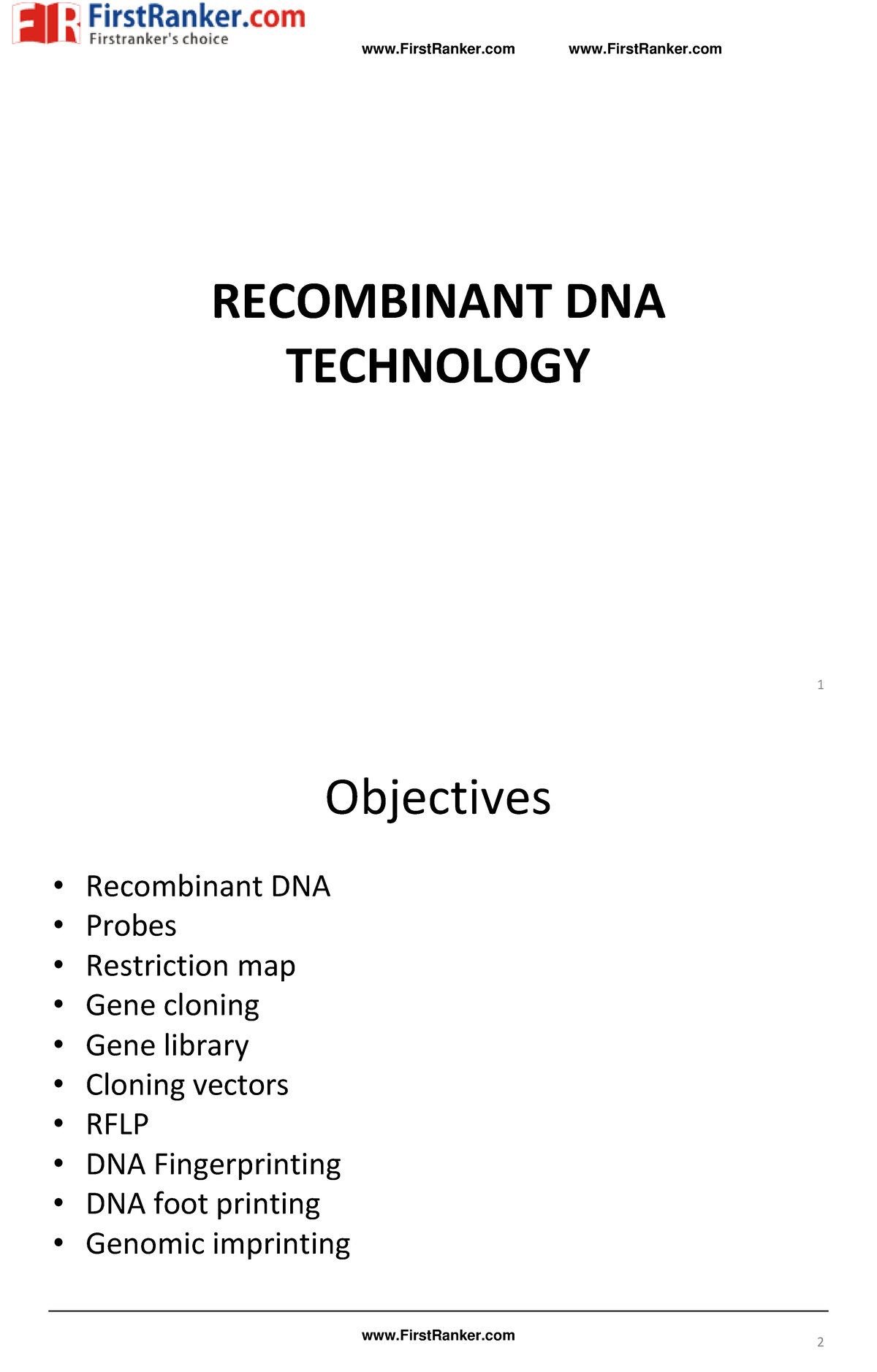 MBBS Biochemistry Notes Topic WISE Recombinant DNA Technology RDT ...