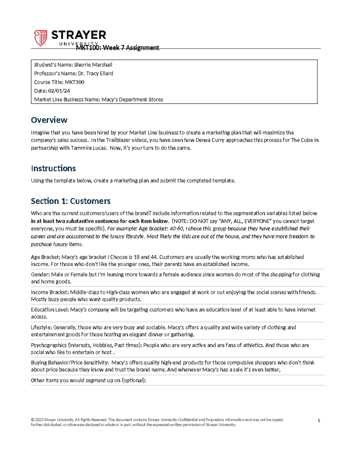 MKT100 Week 7 Assignment Template - MKT100: Week 7 Assignment © 2023 ...