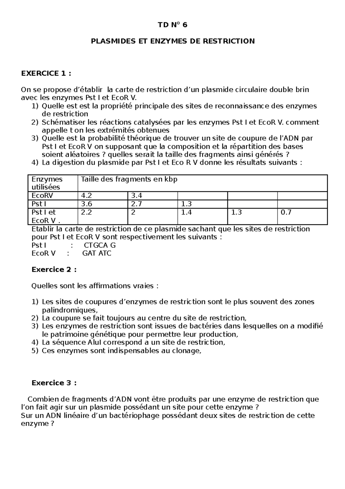 TD 6 Avec Corrigé - 440 - TD N° 6 PLASMIDES ET ENZYMES DE RESTRICTION ...