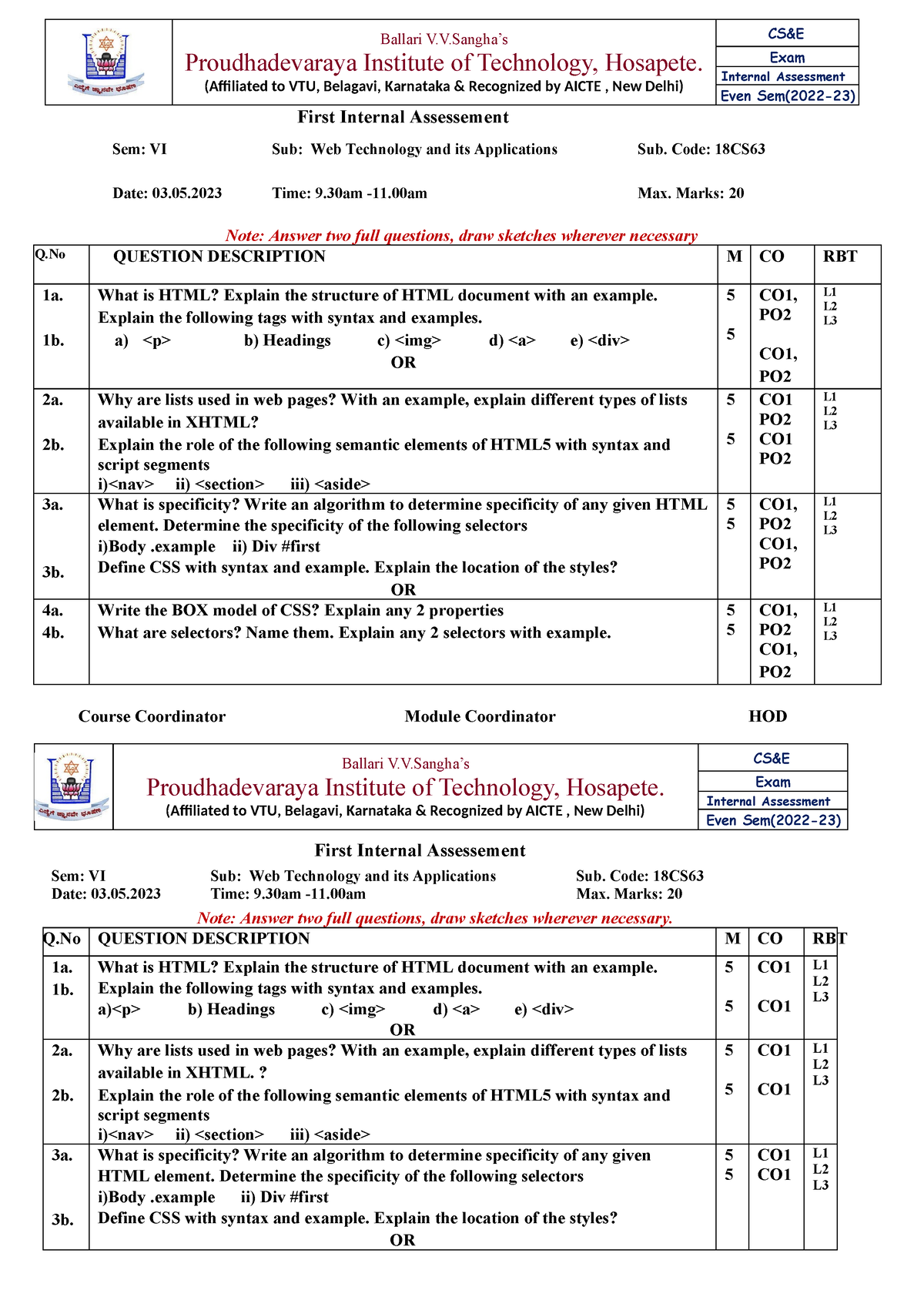 1ST IA QP - question paper - Ballari V.V’s Proudhadevaraya Institute of ...