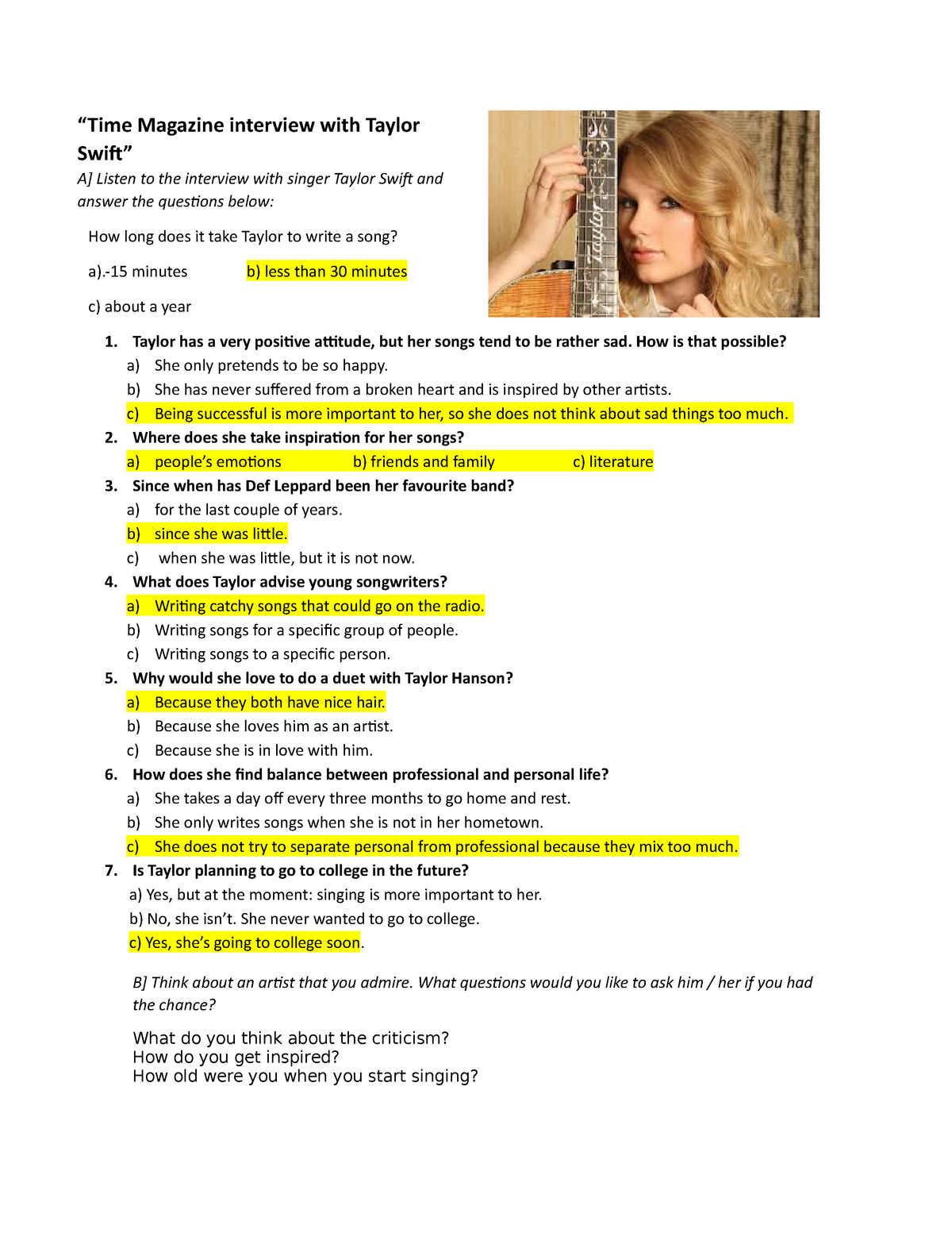 Time Magazine interview with Taylor Swift “Time Magazine interview