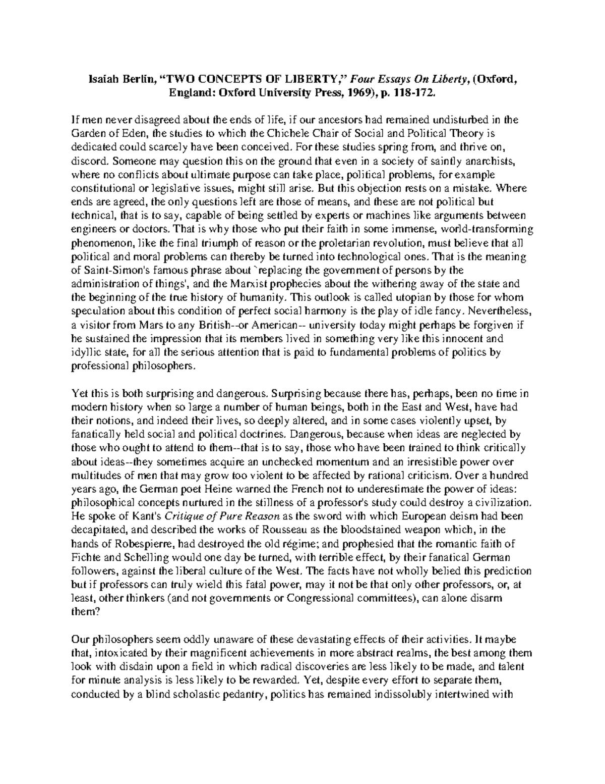Berlin - Two Concpets of Liberty - Isaiah Berlin, “TWO CONCEPTS OF
