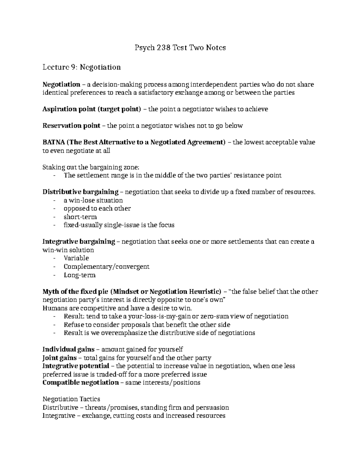 Psych 238 Test Two Notes - Psych 238 Test Two Notes Lecture 9 ...
