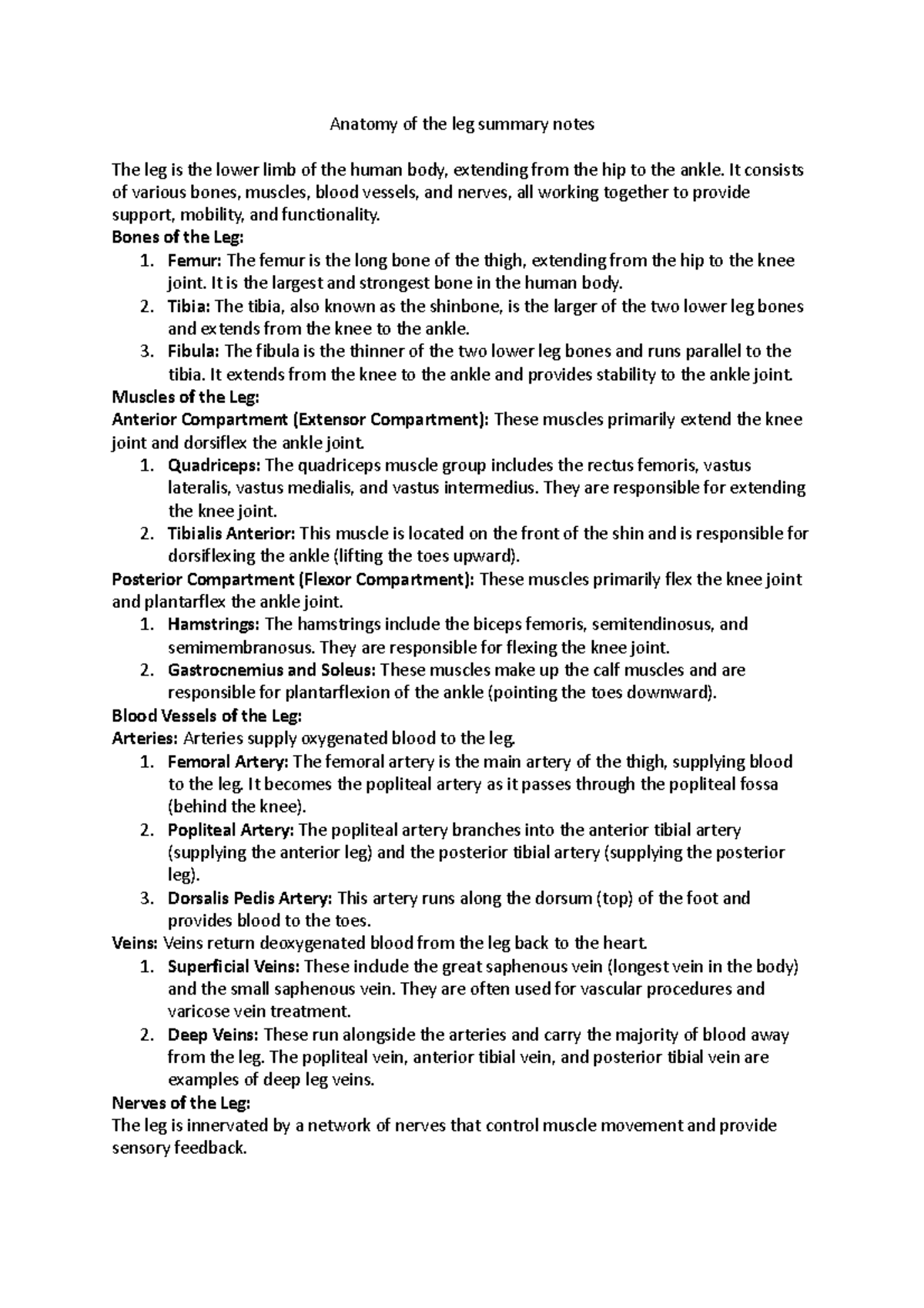 Anatomy of the leg summary notes - It consists of various bones ...