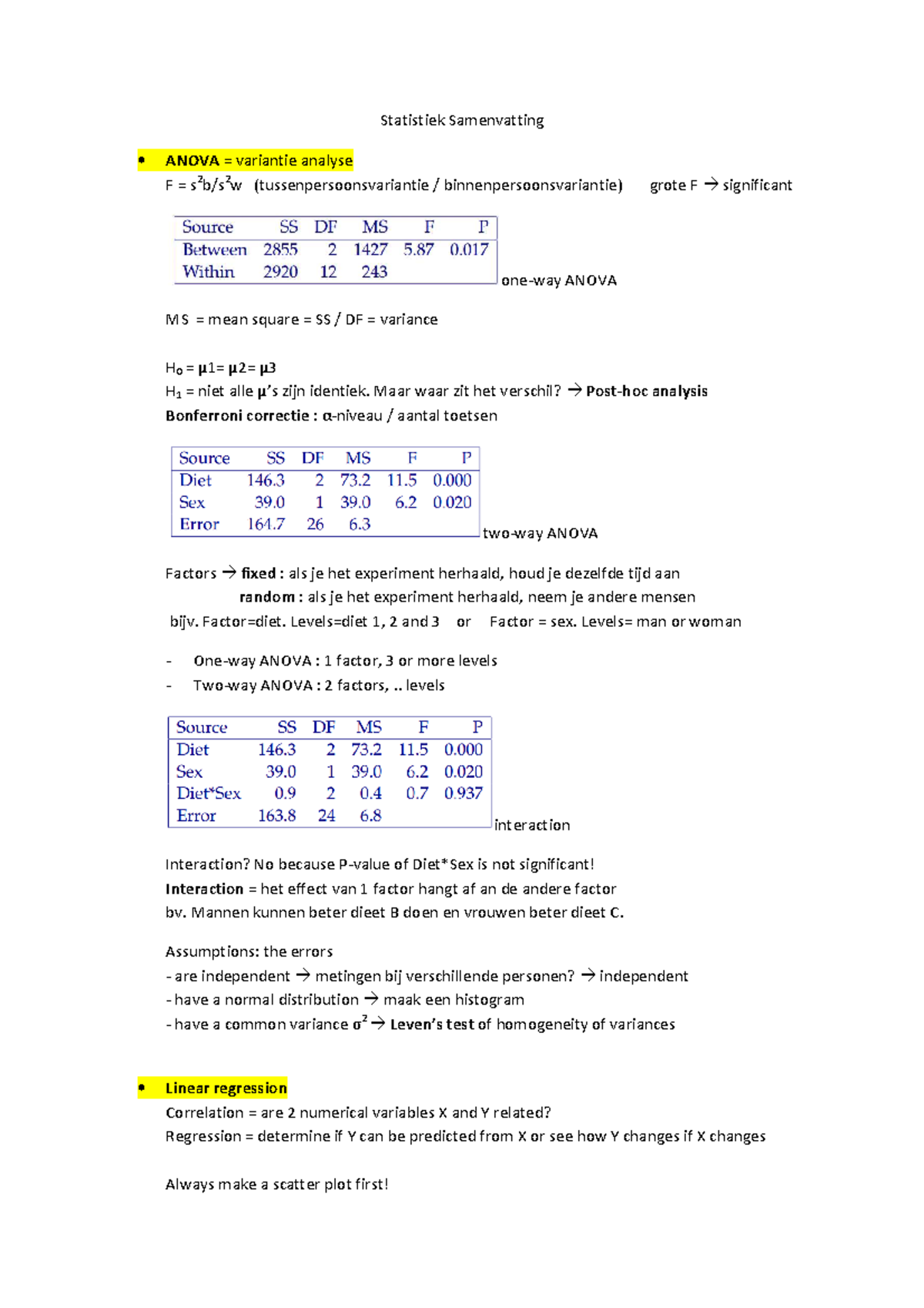 Summary of the statistics section. - Statistiek Samenvatting ANOVA ...