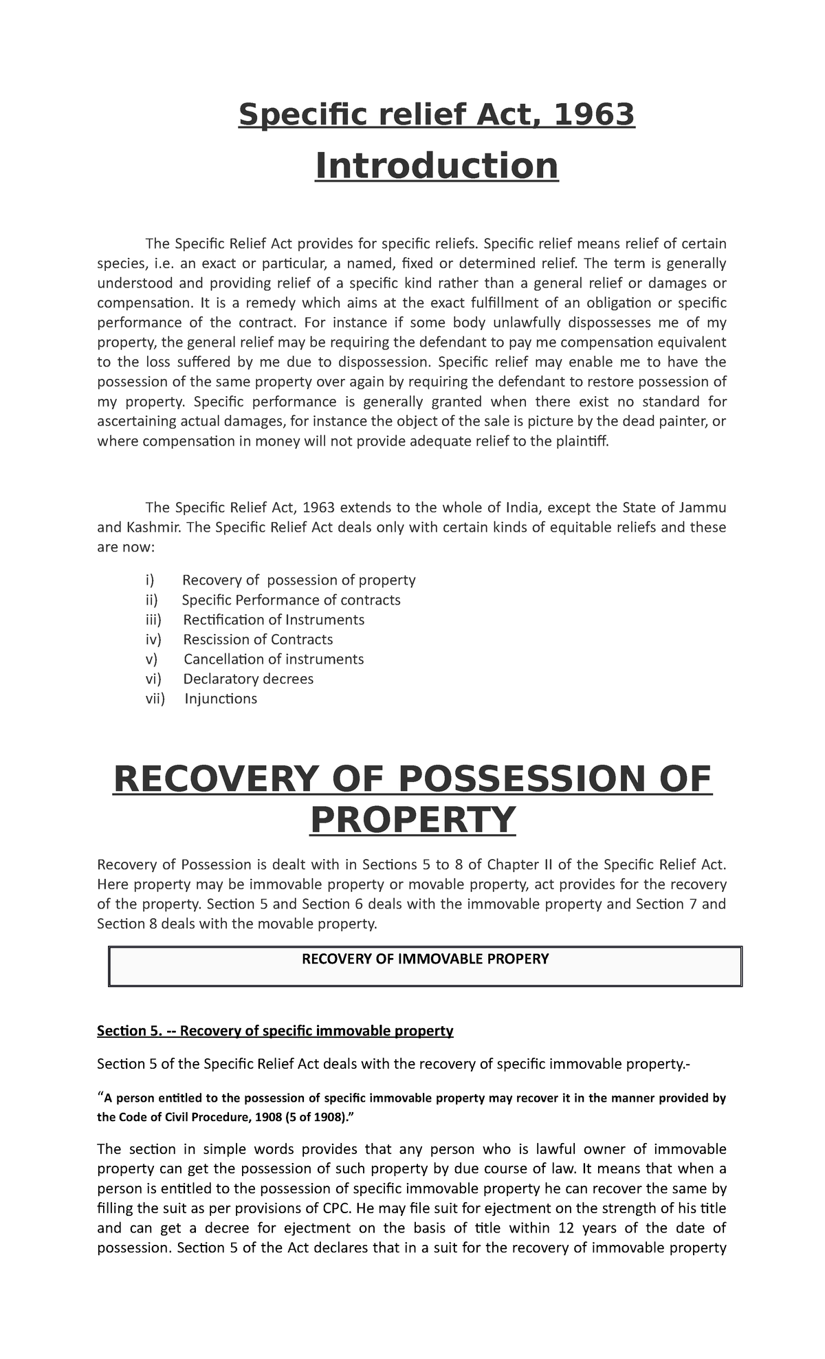 Specific relief act Notes Specific relief Act, 1963 Introduction