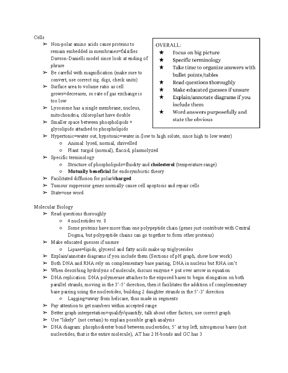IB HL Biology To Remember (Semester 1) Cells Nonpolar amino acids