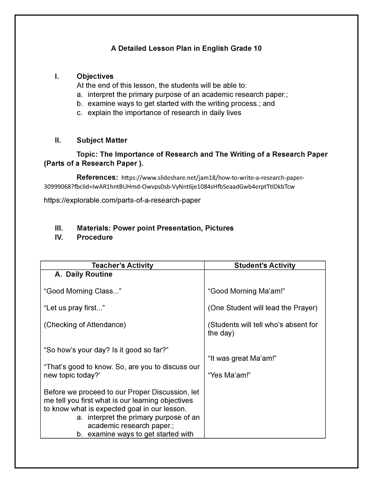 parts of research paper lesson plan