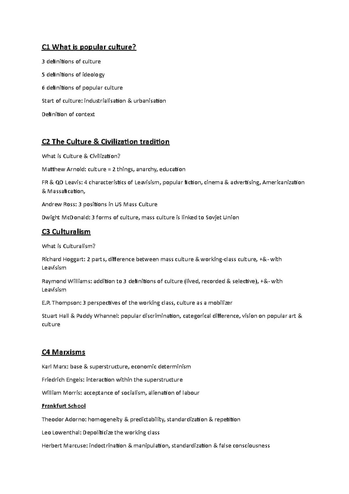 Overview concepts Cultural Media Studies C1 What is popular culture