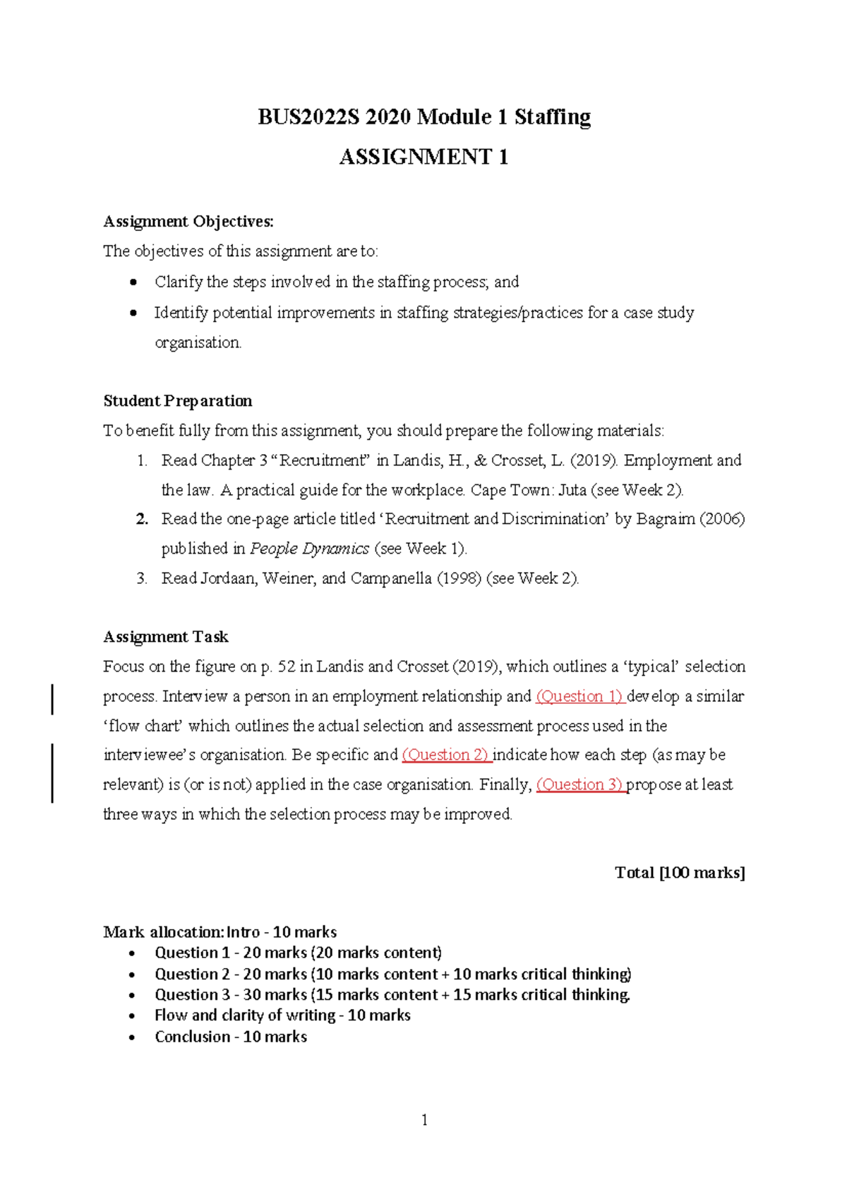 BUS2022S Assignment 1 2020 - 1 BUS2022S 2020 Module 1 Staffing ...